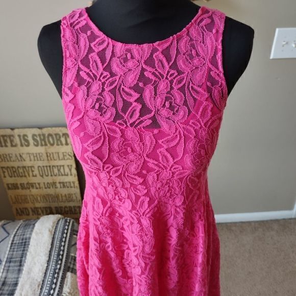 Free People Bright Pink Double Mini Dress with Detachable Lace Outer Dress No Sz - Picture 2 of 11